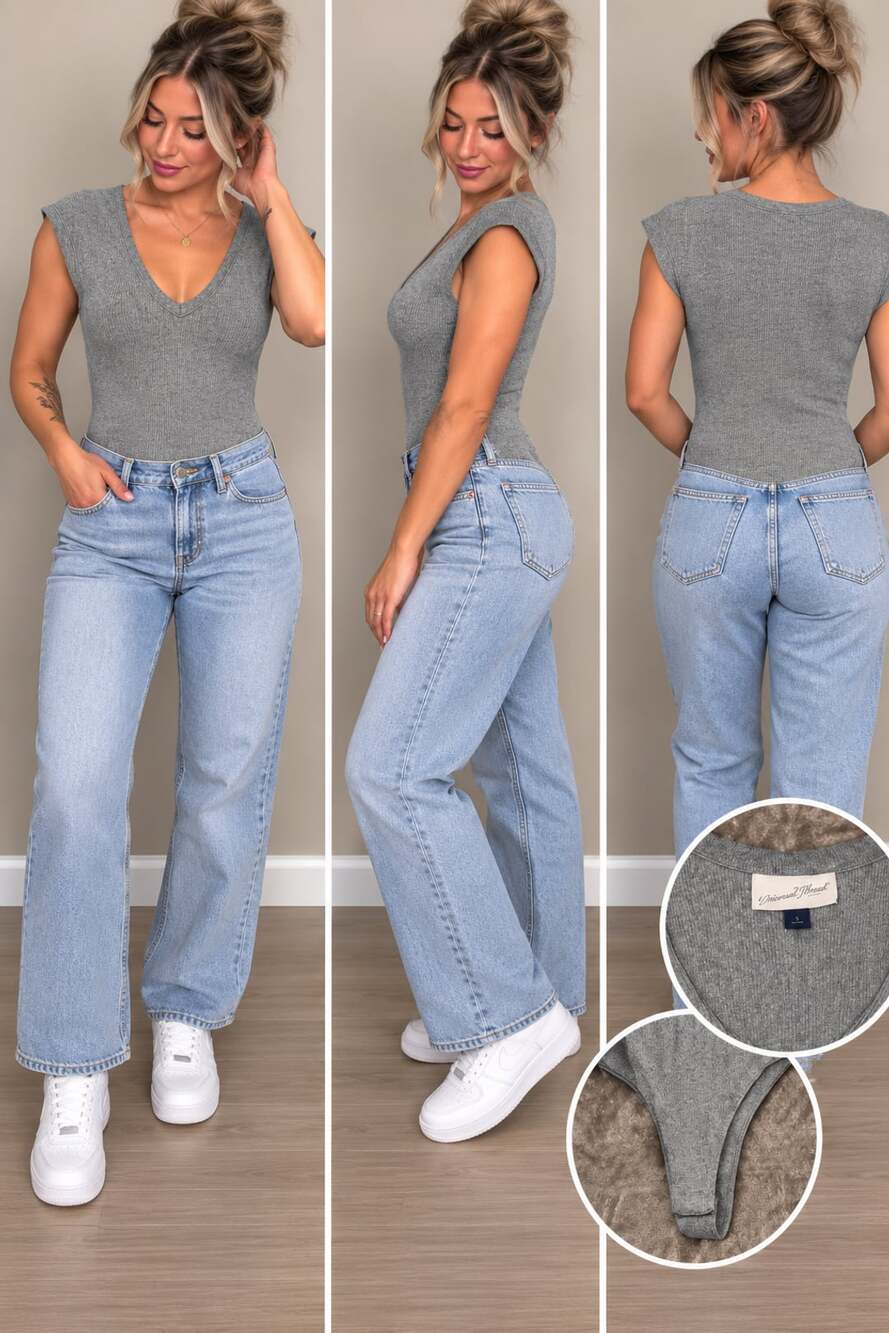 Universal Thread Bodysuit Size S Gray Ribbed V-Neck Cap Sleeve
